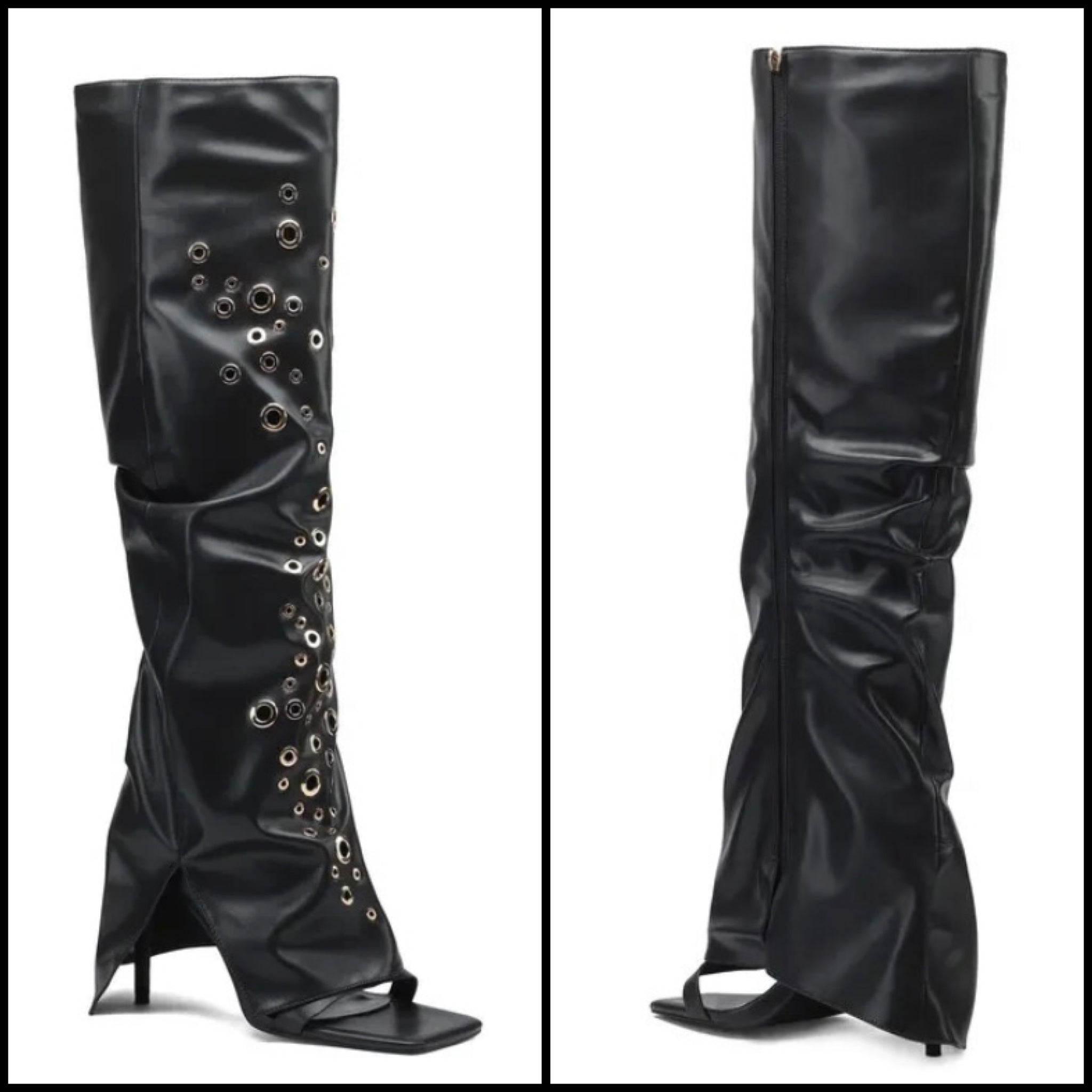 Women Open Toe Fashion Faux Leather Black Rivet Knee High Boots