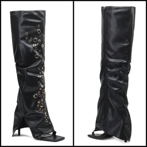 Women Open Toe Fashion Faux Leather Black Rivet Knee High Boots