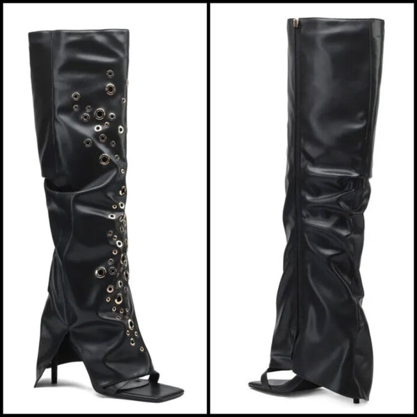 Women Open Toe Fashion Faux Leather Black Rivet Knee High Boots