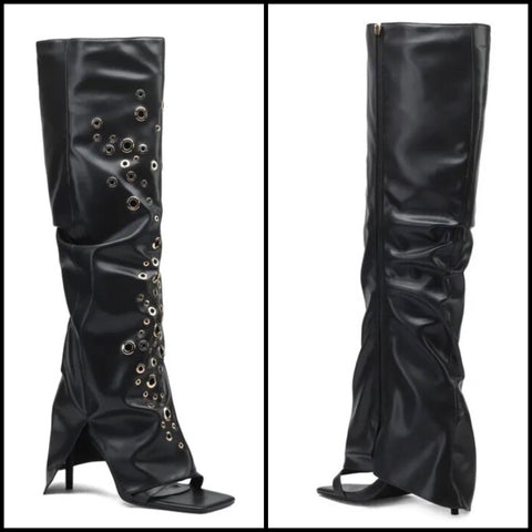 Women Open Toe Fashion Faux Leather Black Rivet Knee High Boots