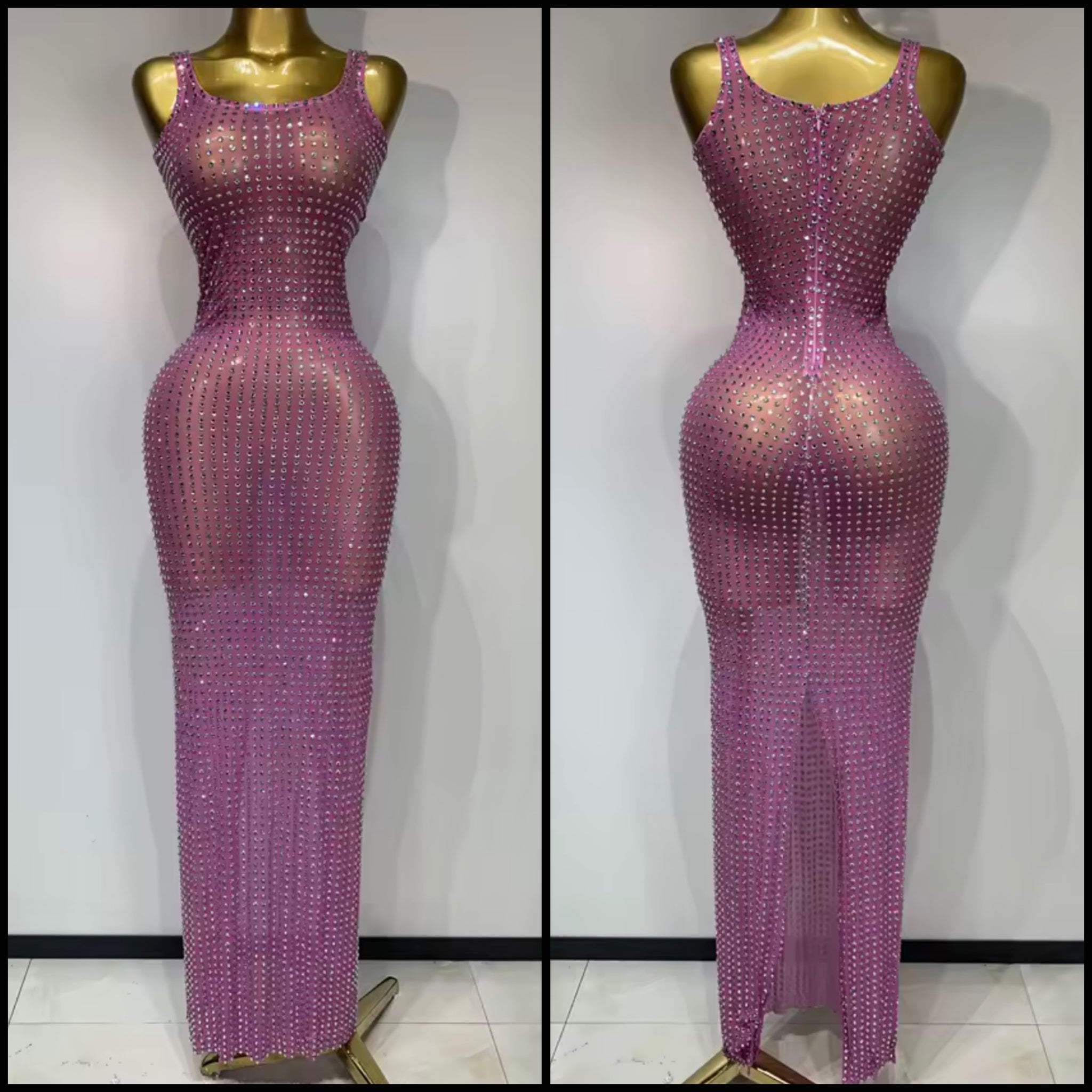 Women Sexy Sleeveless Pink Bling Rhinestone Mesh Maxi Dress