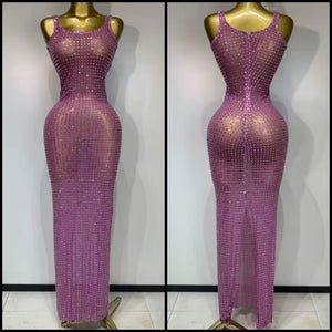 Women Sexy Sleeveless Pink Bling Rhinestone Mesh Maxi Dress