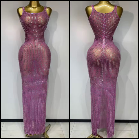 Women Sexy Sleeveless Pink Bling Rhinestone Mesh Maxi Dress