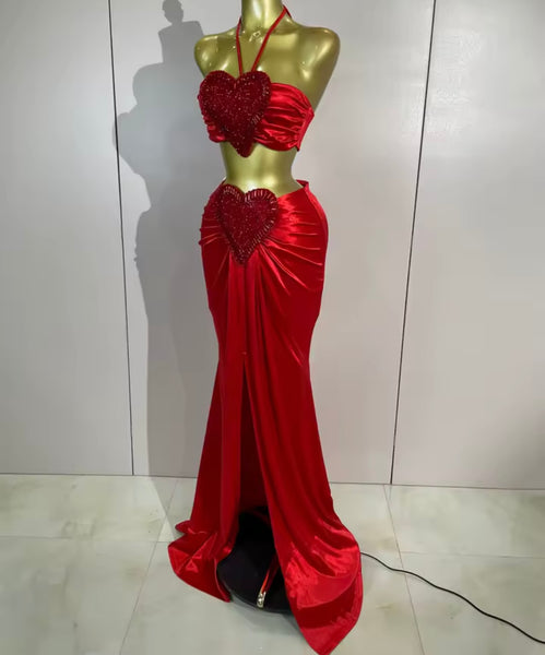 Women Red Halter Sleeveless Bling Heart Two Piece Maxi Skirt Set