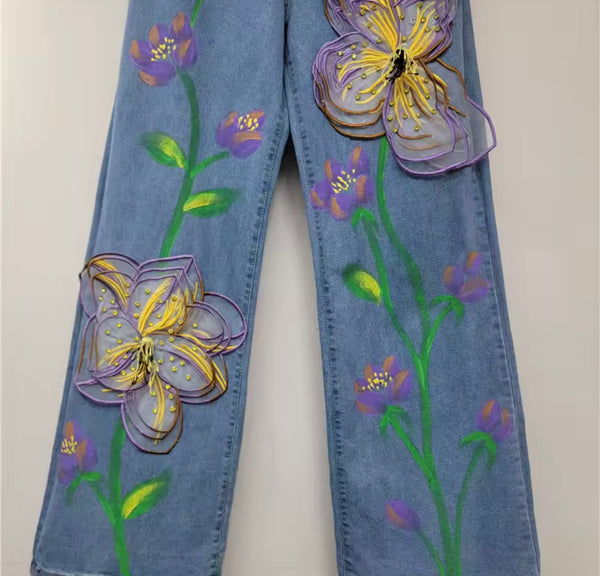 Women Fashion Purple Floral Denim Pants