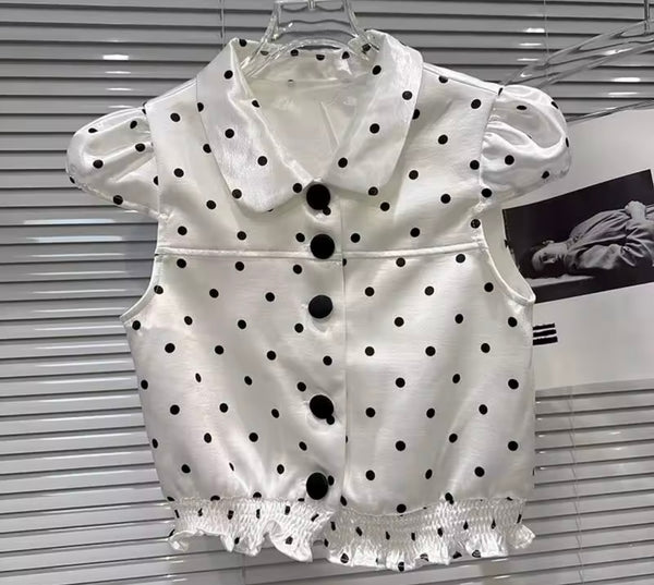 Women Button Up Polka Dot Short Sleeve Two Piece Skirt Set