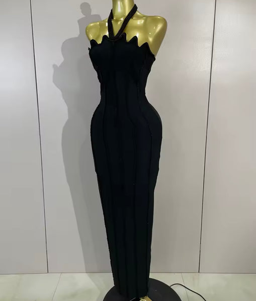 Women Black Sexy Beaded Halter Sleeveless Maxi Dress