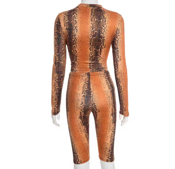 Women Fashion Color Animal Print Full Sleeve Two Piece Capri Pant Set