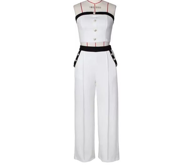 Women Sexy Button Up Strapless Color Patchwork Two Piece Pant Set