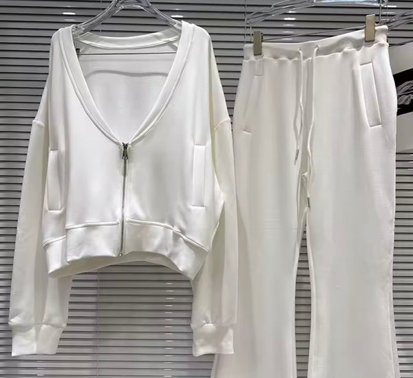 Women Fashion Fur Patchwork Zip Up Three Piece Pant Set