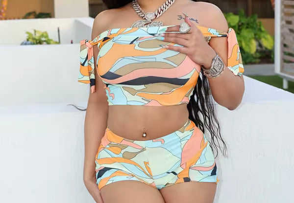 Women Off The Shoulder Sexy Colorful Print Two Piece Short Set