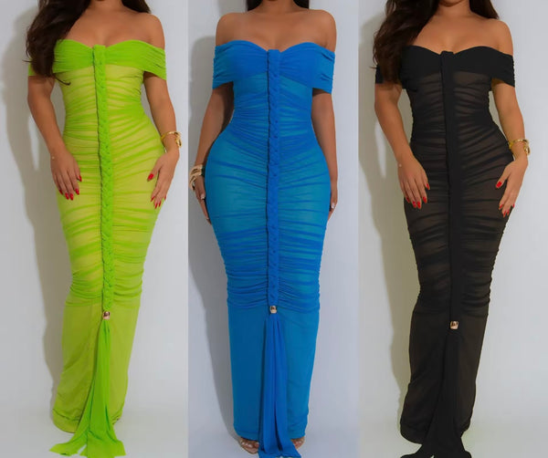 Women Sexy Off The Shoulder Color Mesh Ruched Maxi Dress