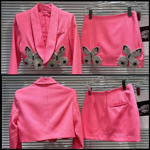 Women Pink  Beaded Butterfly Blazer Two Piece Skirt Set