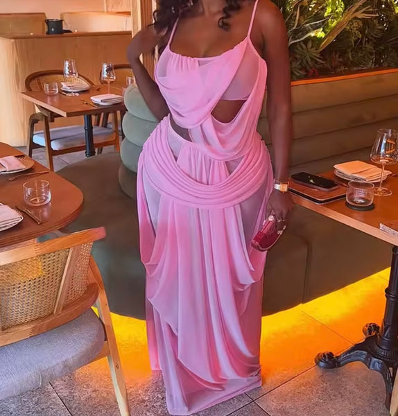 Women Pink Sexy Sleeveless Draped Two Piece Maxi Skirt Set