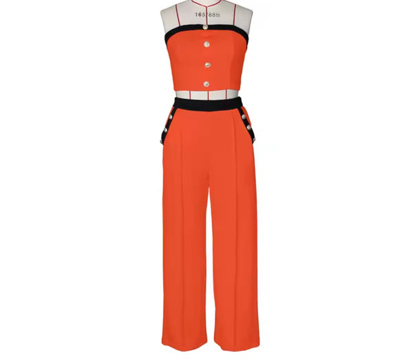 Women Sexy Button Up Strapless Color Patchwork Two Piece Pant Set