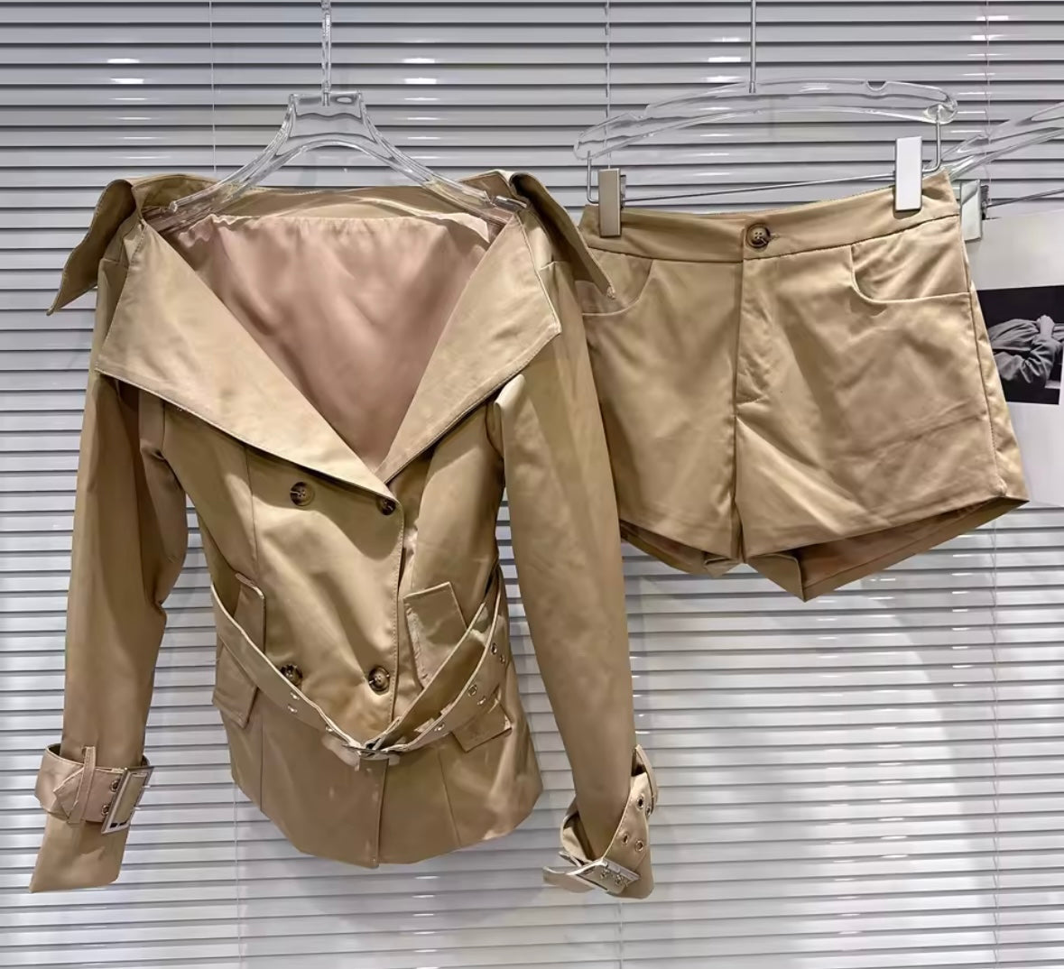 Women Fashion Khaki Full Sleeve Blazer Two Piece Short Set
