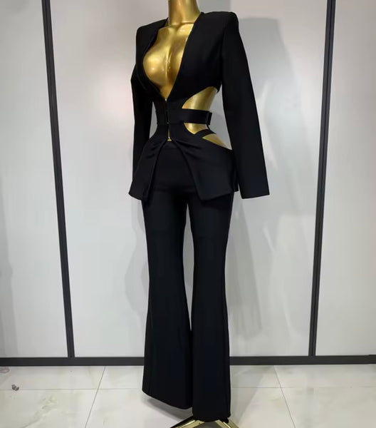 Women Black Fashion Hollow Out Full Sleeve Blazer Two Piece Pant Set