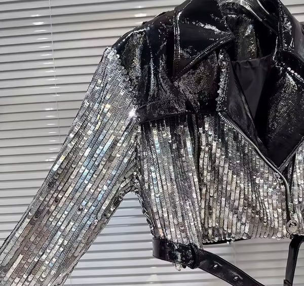 Women Fashion Sequins PU Buckled Jacket