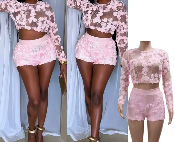 Women Pink Floral Sexy Mesh Full Sleeve Two Piece Short Set