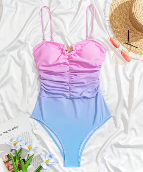 Women Colorful Gradient Ruched Back Bow Swimsuit