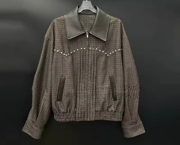 Women Rivet Zip Up Plaid Jacket Two Piece Ruffled Skirt Set