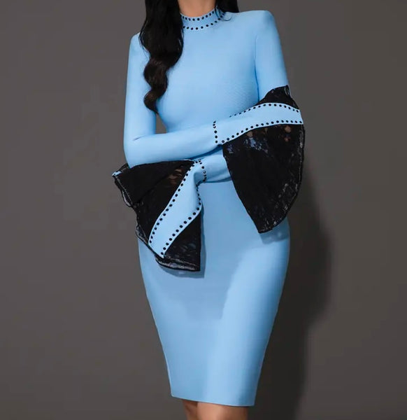 Women Blue Sexy Full Flare Sleeve Dress