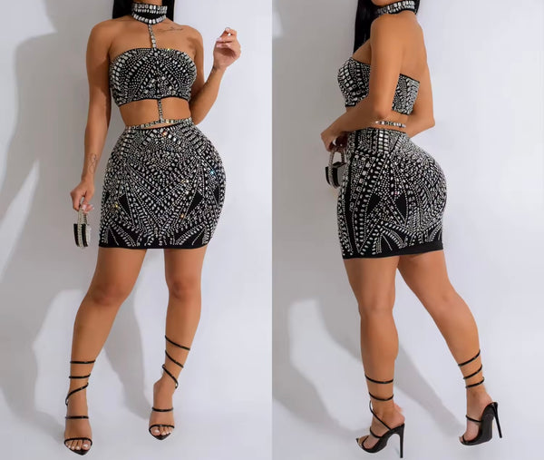 Women Sexy Choker Sleeveless Bling Mesh Two Piece Skirt Set
