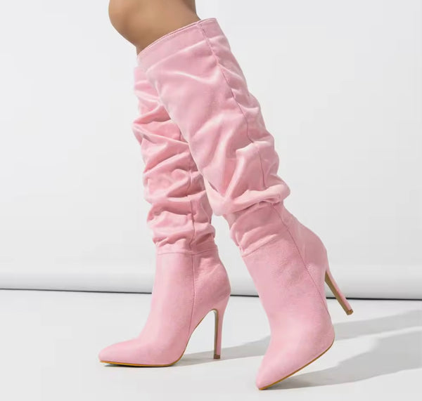 Women Fashion Suede Ruched Knee High Boots