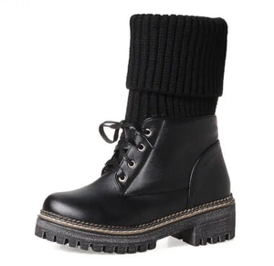 Women Color Fashion Knitted Faux Leather Lace Up Ankle Boots