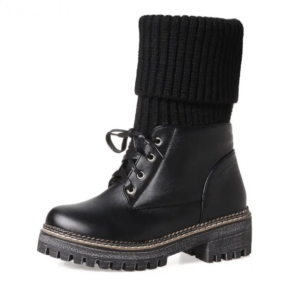 Women Color Fashion Knitted Faux Leather Lace Up Ankle Boots