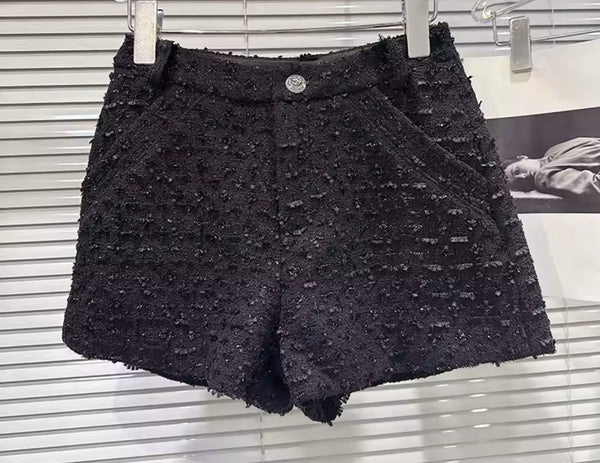 Women B&W Collar Button Up Blazer Two Piece Tweed Short Set
