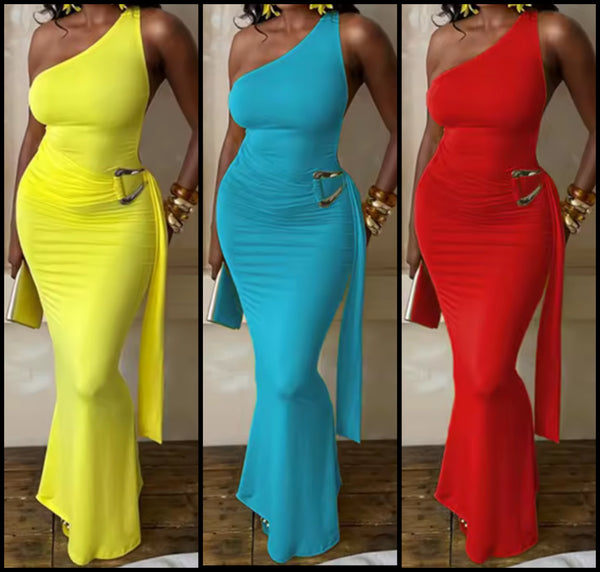 Women Sexy One Shoulder Open Back Sleeveless Maxi Dress