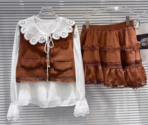 Women Brown Ruffled Sexy Three Piece Skirt Set