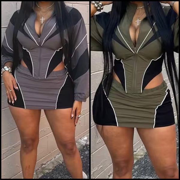 Women Fashion Full Sleeve Zip Up Color Patchwork Two Piece Skirt Set