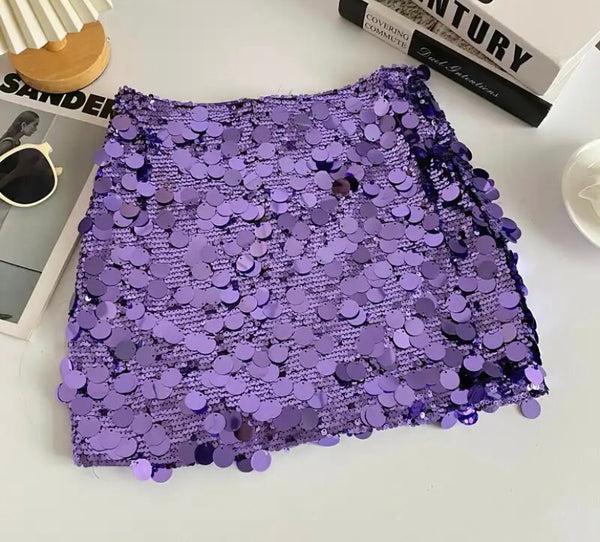 Women Fashion Solid Color Sequins Short Skirt