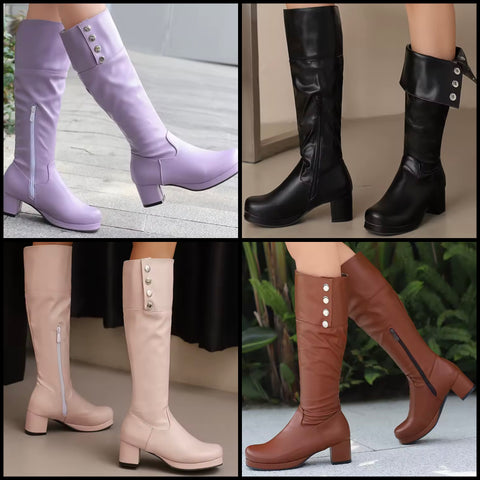 Women Color Button Fashion Faux Leather Knee High Boots