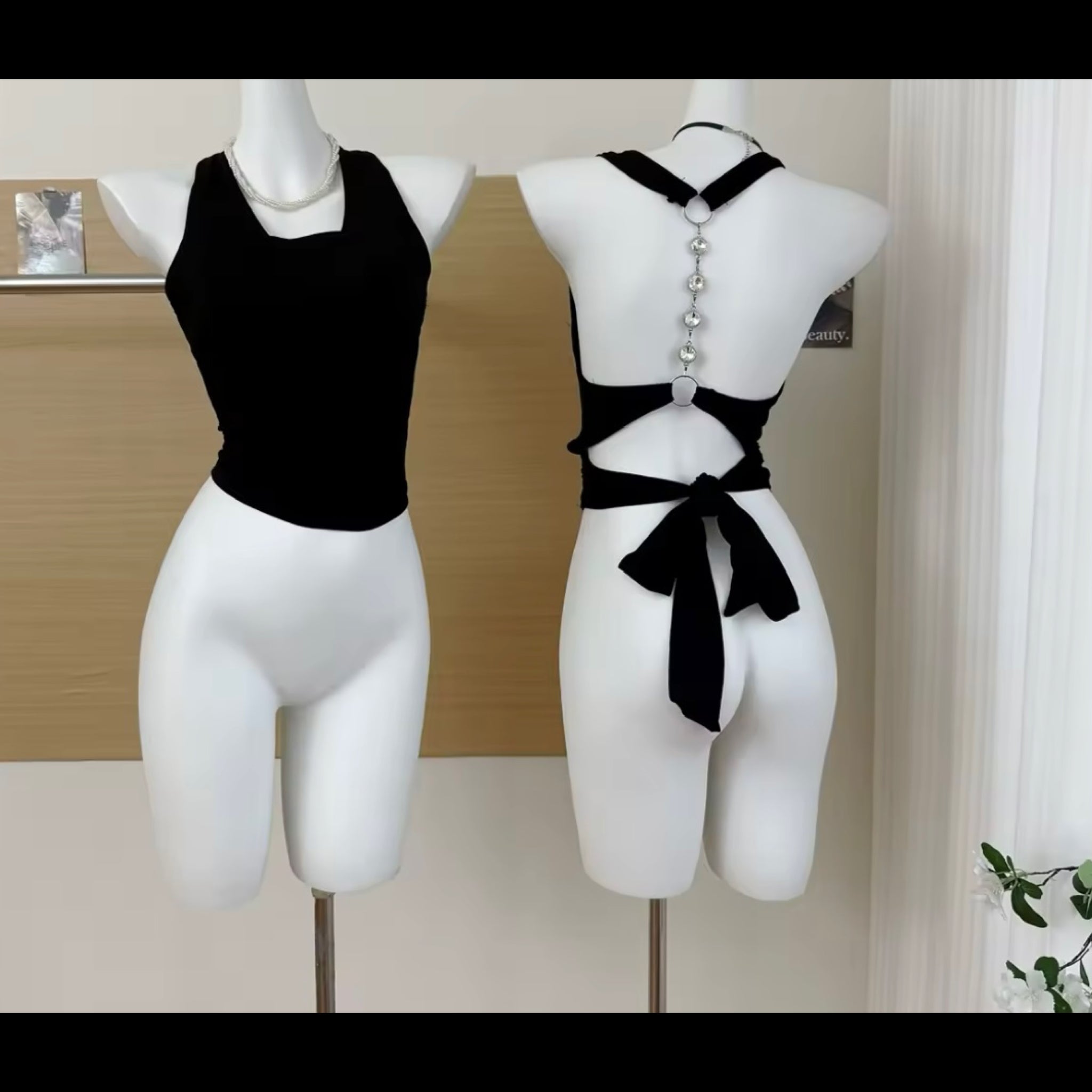 Women Fashion Sleeveless Black Open Back Tie Up Crop Top