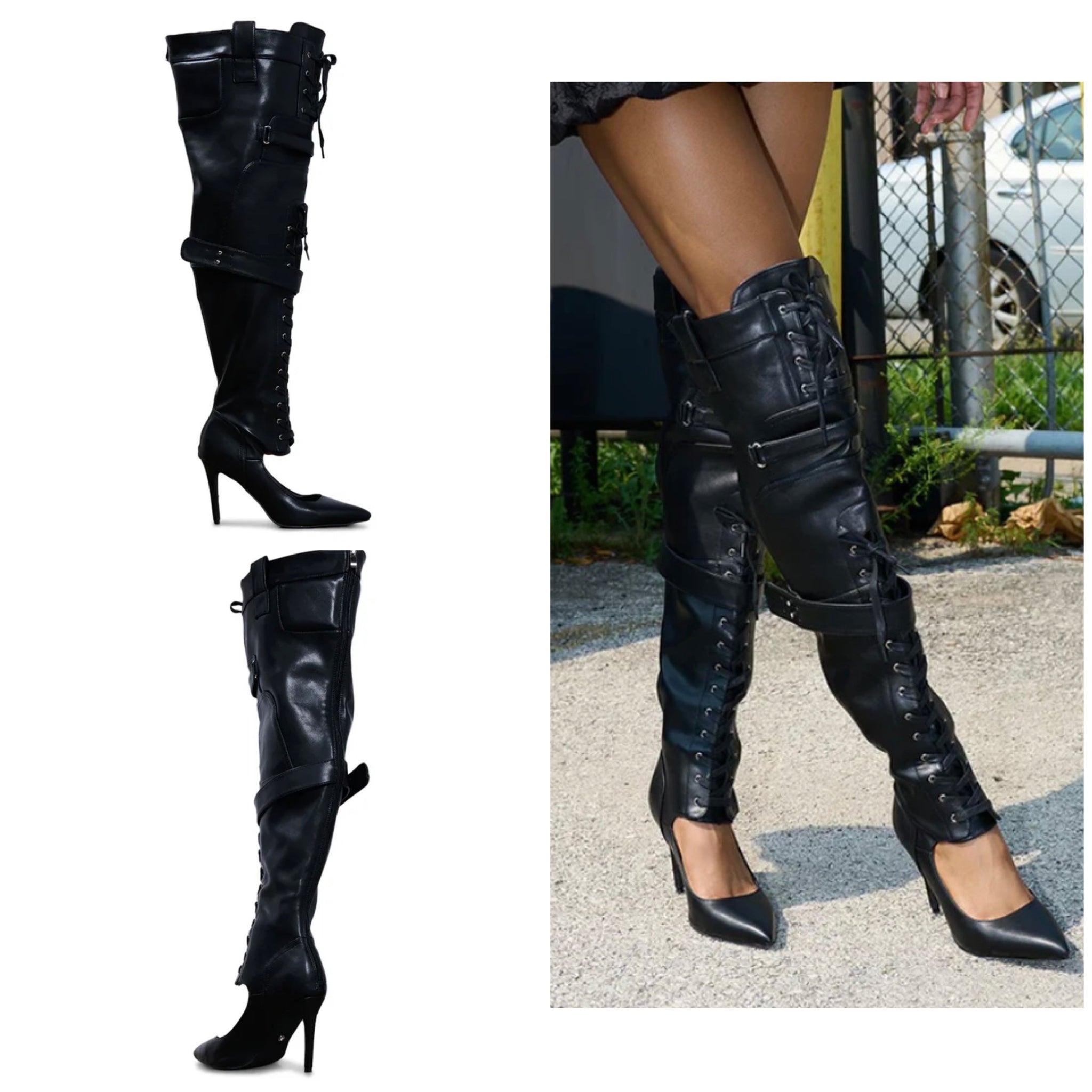 Women Fashion Black Buckled Lace Up Faux Leather Knee High Boots
