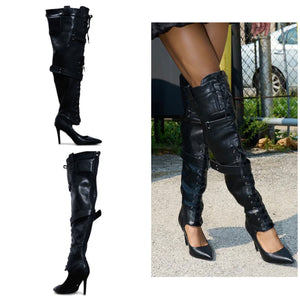 Women Fashion Black Buckled Lace Up Faux Leather Knee High Boots