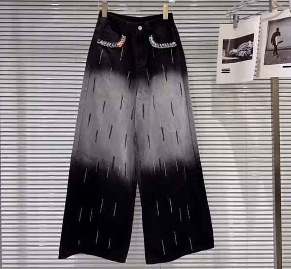 Women Fashion Gradient Rhinestone Denim Wide Leg Pants