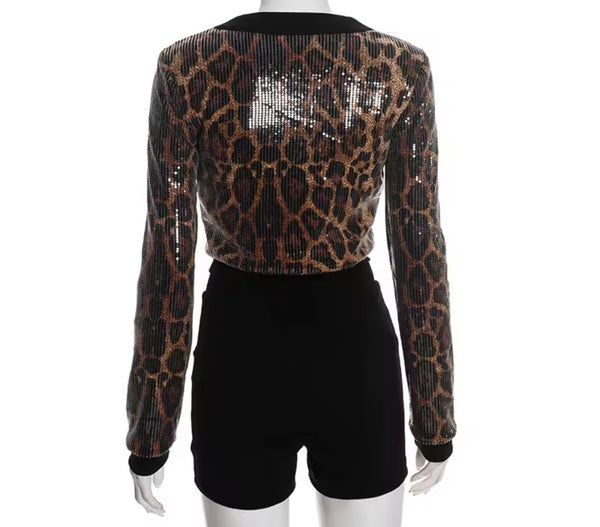 Women Sequins Leopard Print Button Up Two Piece Short Set
