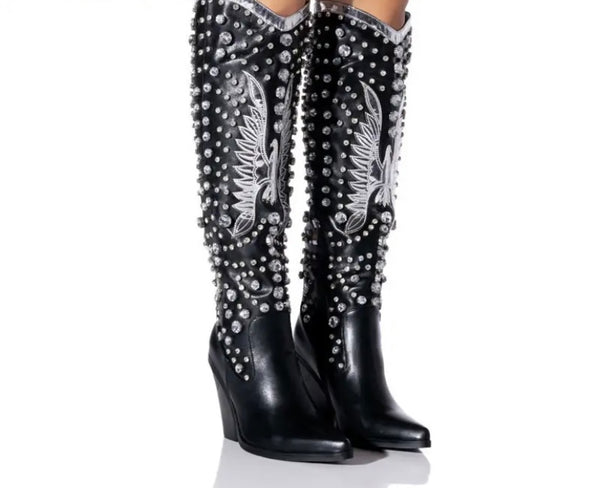 Women Fashion Rivet Faux Leather Western Knee High Boots