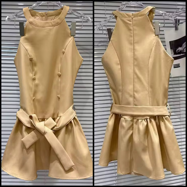Women Khaki Button Sleeveless Belted Dress