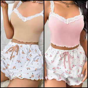 Women Sexy Sleeveless Tank Floral Lingerie Short Set