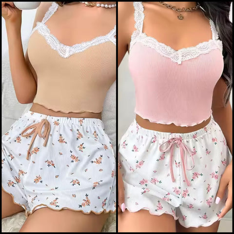 Women Sexy Sleeveless Tank Floral Lingerie Short Set
