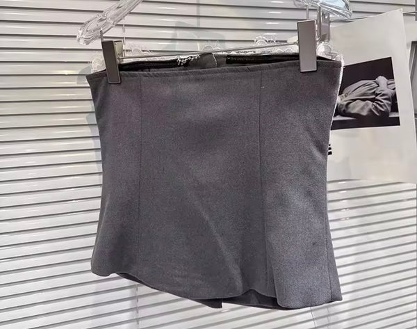 Women Strapless Button Up Lace Patchwork Two Piece Skirt Set