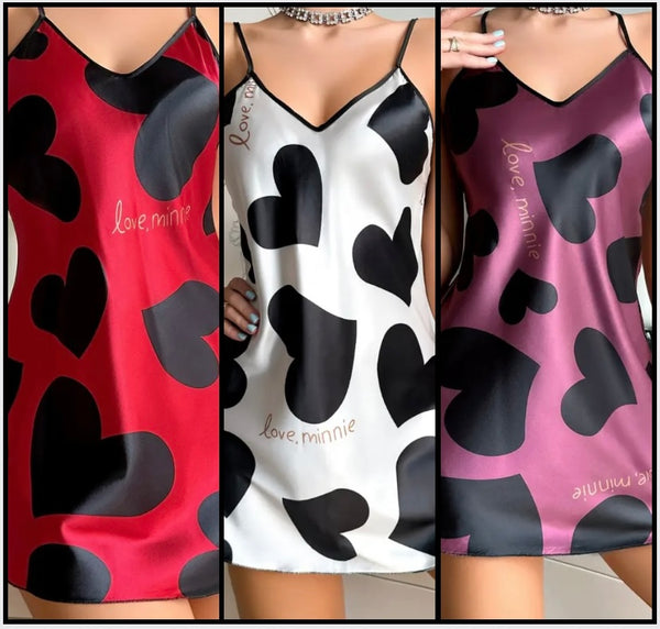 Women Sexy Love Heart Print Sleeveless Satin Nightgown