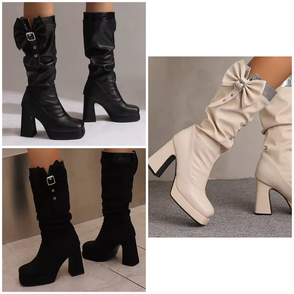 Women Fashion Buckled Bow Platform High Heel Boots