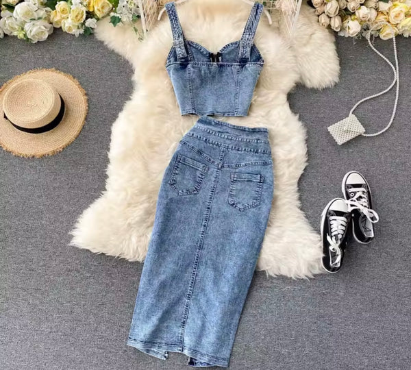 Women Sexy Zip Up Sleeveless Two Piece Denim Maxi Skirt Set