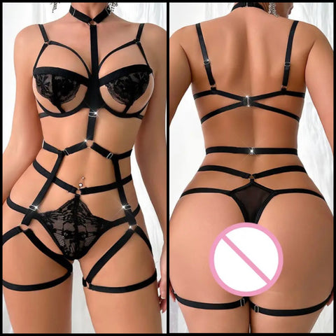 Women Sexy Black Lace Choker Cut Out Bodysuit Lingerie